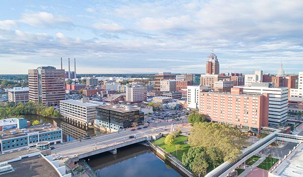 Aerial view of downtown Lansing (2019)