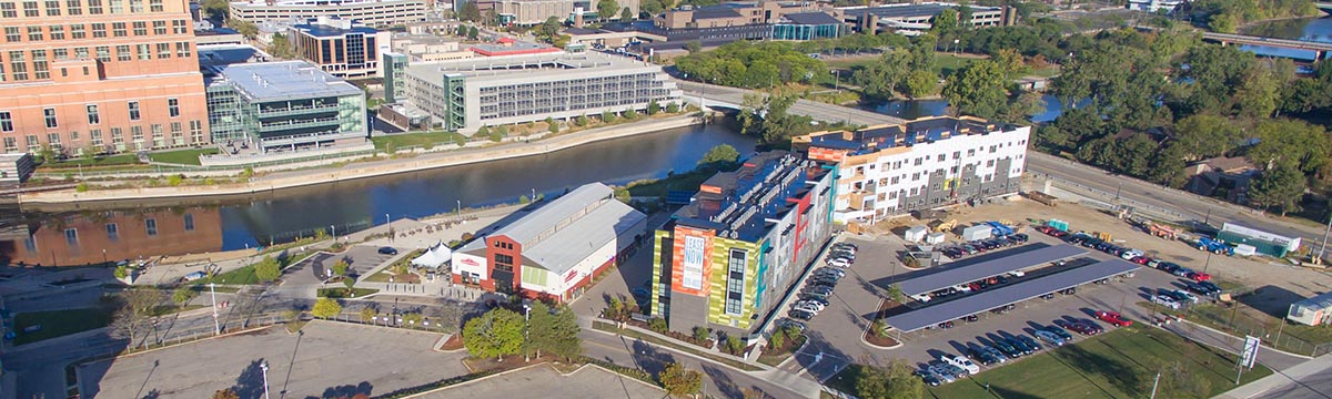 aerial view of the Lansing City Market and the Marketplace apartments
