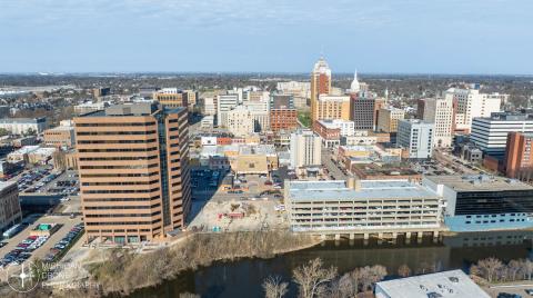 Aerial view of the site soon to be the Tower on Grand
