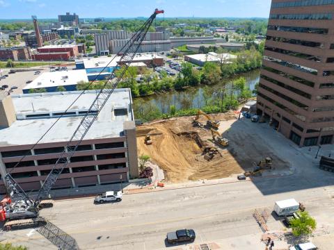 Aerial image of the construction at Tower on the Grand